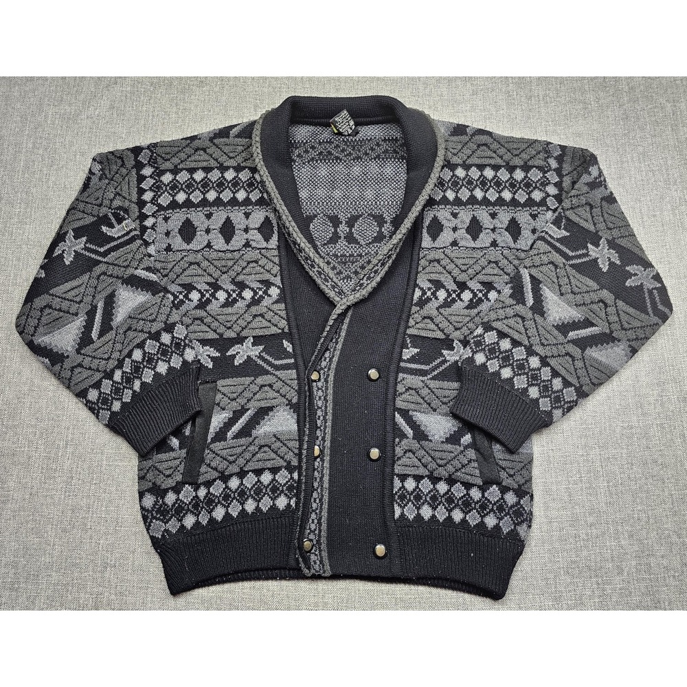 Vintage Tricot‎ City Lights Sweater Mens XL Black Gray Shawl Cardigan 90s